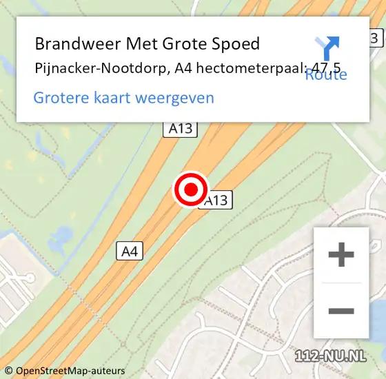 Locatie op kaart van de 112 melding: Brandweer Met Grote Spoed Naar Pijnacker-Nootdorp, A4 hectometerpaal: 47,5 op 9 augustus 2024 20:38