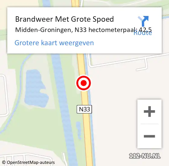 Locatie op kaart van de 112 melding: Brandweer Met Grote Spoed Naar Midden-Groningen, N33 hectometerpaal: 42,5 op 9 augustus 2024 22:02