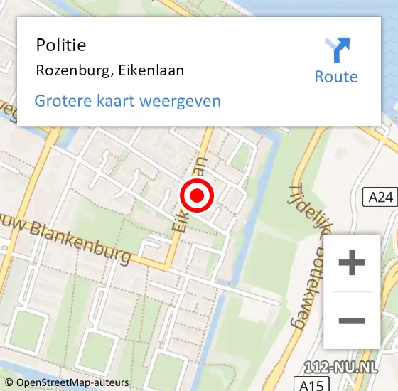 Locatie op kaart van de 112 melding: Politie Rozenburg, Eikenlaan op 9 augustus 2024 22:11