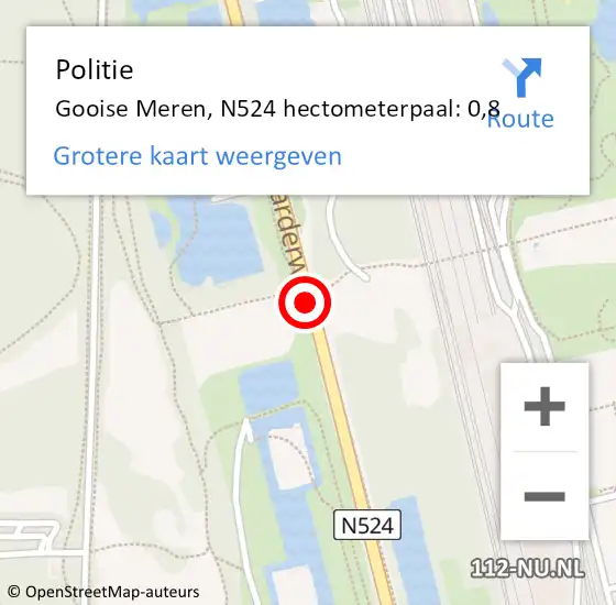 Locatie op kaart van de 112 melding: Politie Gooise Meren, N524 hectometerpaal: 0,8 op 9 augustus 2024 22:40