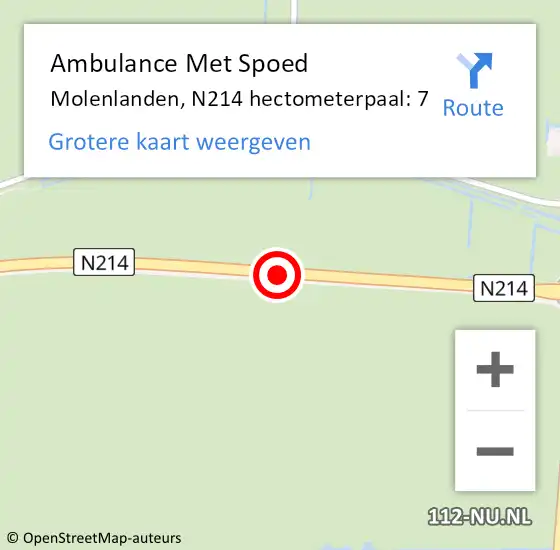 Locatie op kaart van de 112 melding: Ambulance Met Spoed Naar Molenlanden, N214 hectometerpaal: 7 op 10 augustus 2024 00:08