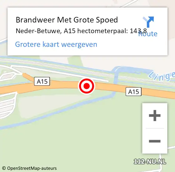 Locatie op kaart van de 112 melding: Brandweer Met Grote Spoed Naar Neder-Betuwe, A15 hectometerpaal: 143,8 op 10 augustus 2024 03:36