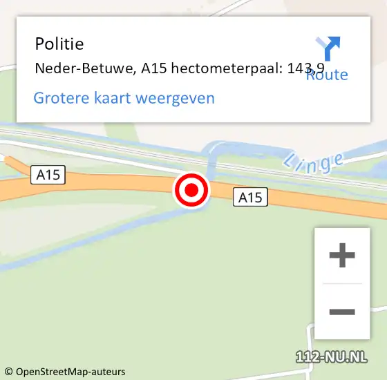 Locatie op kaart van de 112 melding: Politie Neder-Betuwe, A15 hectometerpaal: 143,9 op 10 augustus 2024 03:39