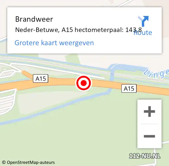 Locatie op kaart van de 112 melding: Brandweer Neder-Betuwe, A15 hectometerpaal: 143,8 op 10 augustus 2024 04:03