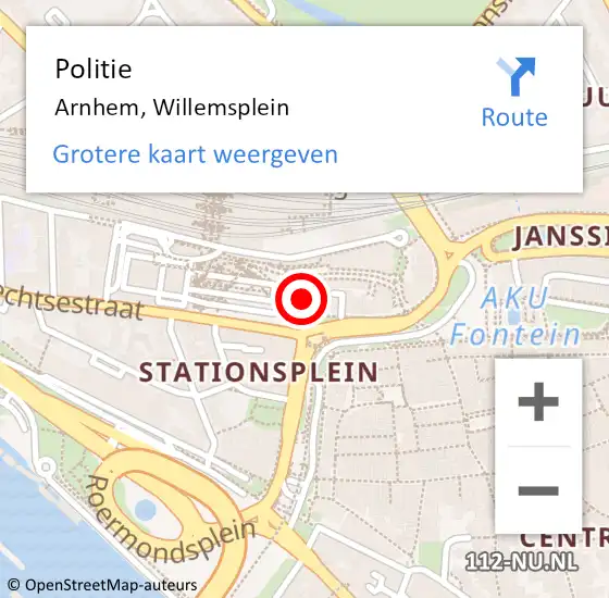 Locatie op kaart van de 112 melding: Politie Arnhem, Willemsplein op 10 augustus 2024 06:50