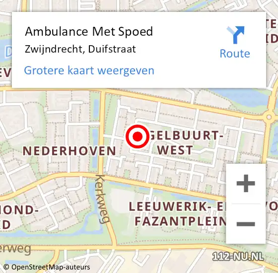 Locatie op kaart van de 112 melding: Ambulance Met Spoed Naar Zwijndrecht, Duifstraat op 10 augustus 2024 08:42