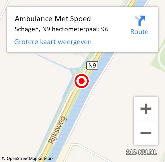 Locatie op kaart van de 112 melding: Ambulance Met Spoed Naar Schagen, N9 hectometerpaal: 96 op 10 augustus 2024 08:43