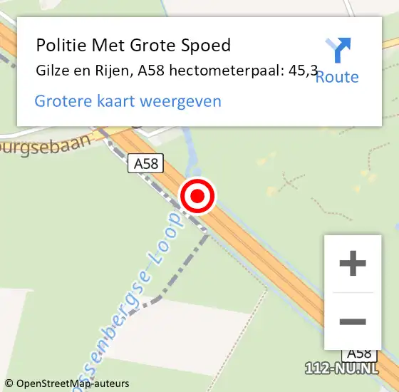 Locatie op kaart van de 112 melding: Politie Met Grote Spoed Naar Gilze en Rijen, A58 hectometerpaal: 45,3 op 10 augustus 2024 10:51