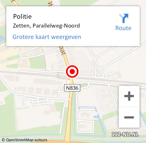 Locatie op kaart van de 112 melding: Politie Zetten, Parallelweg-Noord op 10 augustus 2024 11:31