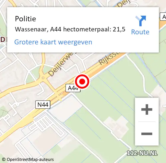 Locatie op kaart van de 112 melding: Politie Wassenaar, A44 hectometerpaal: 21,5 op 10 augustus 2024 12:29