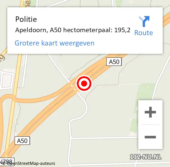 Locatie op kaart van de 112 melding: Politie Apeldoorn, A50 hectometerpaal: 195,2 op 10 augustus 2024 13:02