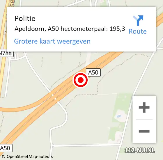 Locatie op kaart van de 112 melding: Politie Apeldoorn, A50 hectometerpaal: 195,3 op 10 augustus 2024 13:03