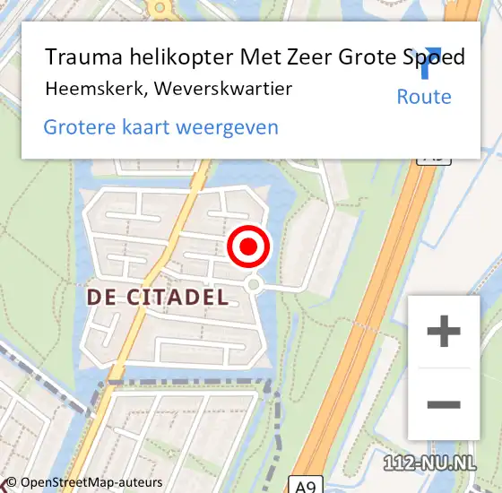 Locatie op kaart van de 112 melding: Trauma helikopter Met Zeer Grote Spoed Naar Heemskerk, Weverskwartier op 10 augustus 2024 13:07