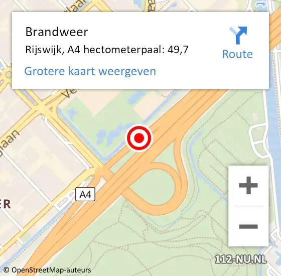 Locatie op kaart van de 112 melding: Brandweer Rijswijk, A4 hectometerpaal: 49,7 op 10 augustus 2024 13:17