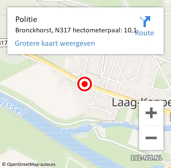 Locatie op kaart van de 112 melding: Politie Bronckhorst, N317 hectometerpaal: 10,1 op 10 augustus 2024 14:29