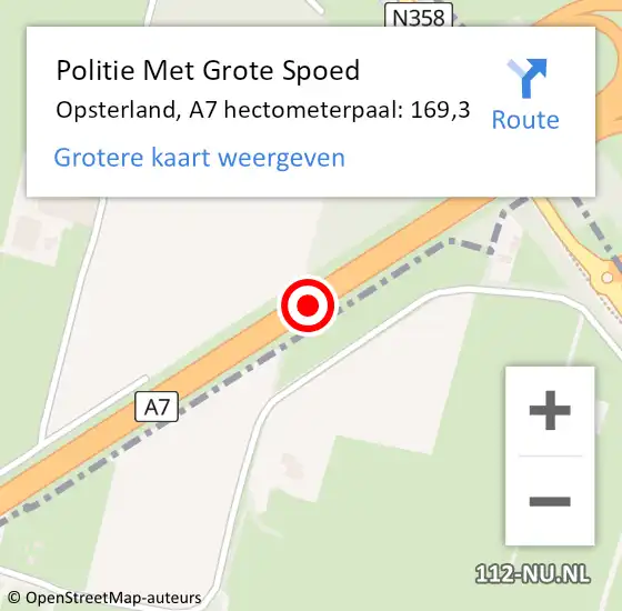 Locatie op kaart van de 112 melding: Politie Met Grote Spoed Naar Opsterland, A7 hectometerpaal: 169,3 op 10 augustus 2024 15:07