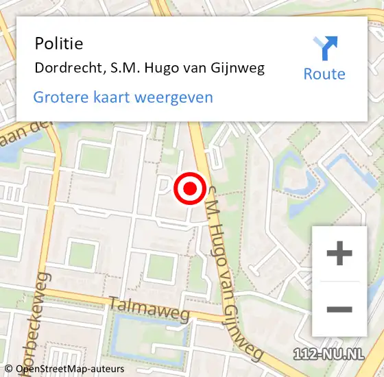 Locatie op kaart van de 112 melding: Politie Dordrecht, S.M. Hugo van Gijnweg op 10 augustus 2024 15:10