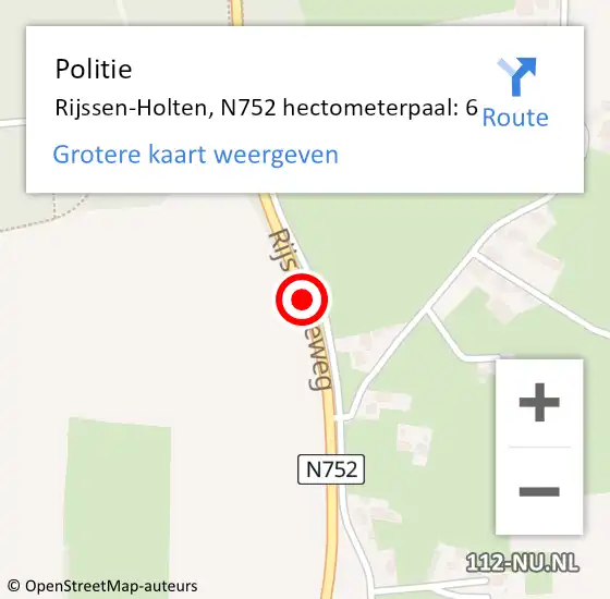 Locatie op kaart van de 112 melding: Politie Rijssen-Holten, N752 hectometerpaal: 6 op 10 augustus 2024 15:17