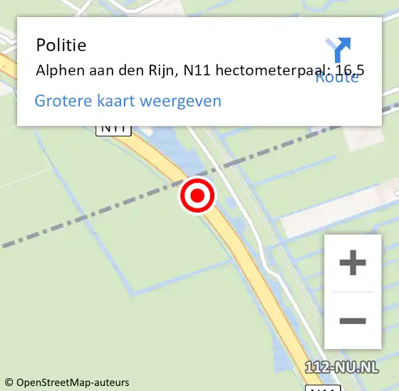 Locatie op kaart van de 112 melding: Politie Alphen aan den Rijn, N11 hectometerpaal: 16,5 op 10 augustus 2024 15:33