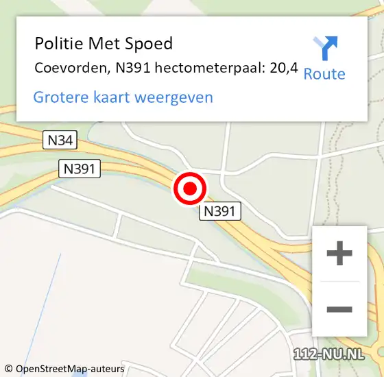 Locatie op kaart van de 112 melding: Politie Met Spoed Naar Coevorden, N391 hectometerpaal: 20,4 op 10 augustus 2024 15:50