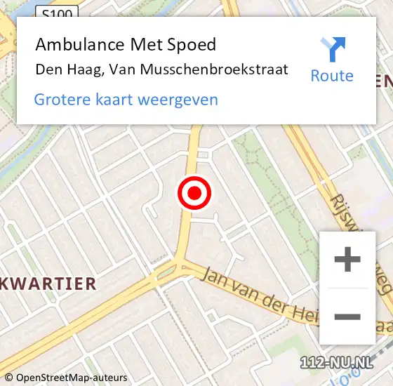 Locatie op kaart van de 112 melding: Ambulance Met Spoed Naar Den Haag, Van Musschenbroekstraat op 10 augustus 2024 16:36