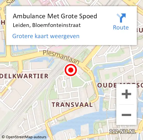 Locatie op kaart van de 112 melding: Ambulance Met Grote Spoed Naar Leiden, Bloemfonteinstraat op 10 augustus 2024 20:24