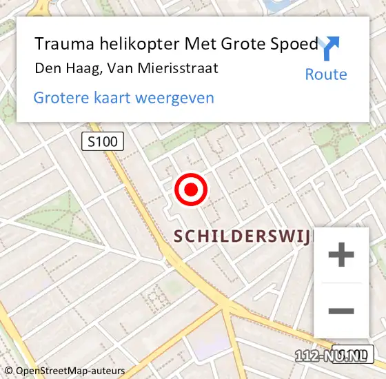 Locatie op kaart van de 112 melding: Trauma helikopter Met Grote Spoed Naar Den Haag, Van Mierisstraat op 10 augustus 2024 20:49