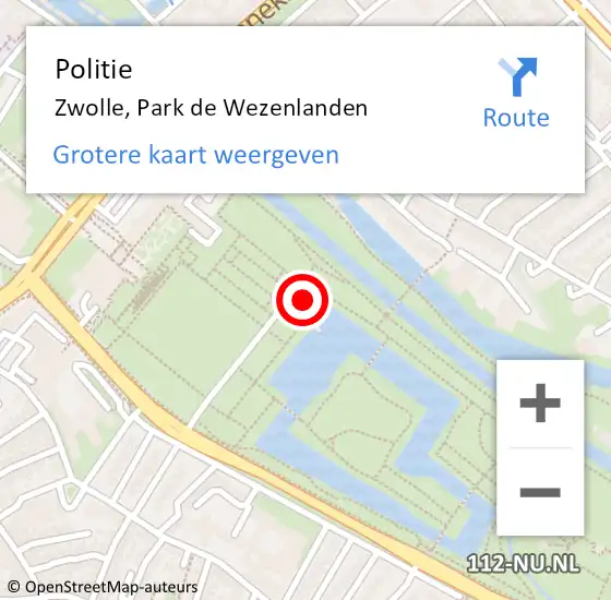 Locatie op kaart van de 112 melding: Politie Zwolle, Park de Wezenlanden op 10 augustus 2024 20:51