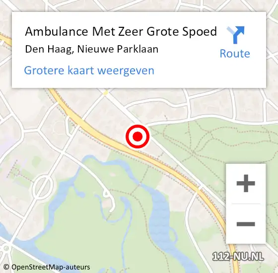 Locatie op kaart van de 112 melding: Ambulance Met Zeer Grote Spoed Naar Den Haag, Nieuwe Parklaan op 10 augustus 2024 21:22