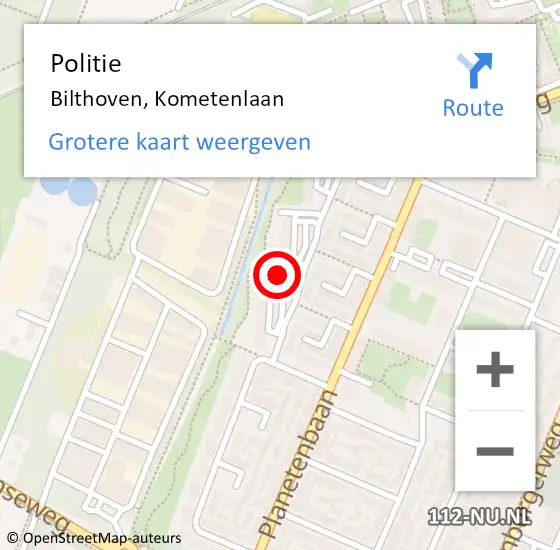 Locatie op kaart van de 112 melding: Politie Bilthoven, Kometenlaan op 10 augustus 2024 21:25