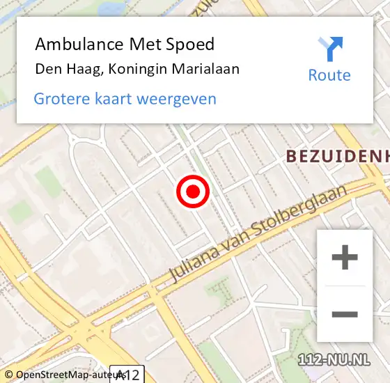 Locatie op kaart van de 112 melding: Ambulance Met Spoed Naar Den Haag, Koningin Marialaan op 10 augustus 2024 21:35