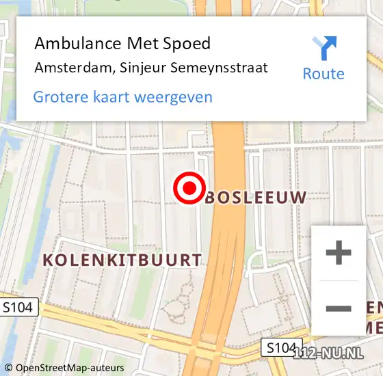 Locatie op kaart van de 112 melding: Ambulance Met Spoed Naar Amsterdam, Sinjeur Semeynsstraat op 10 augustus 2024 22:17