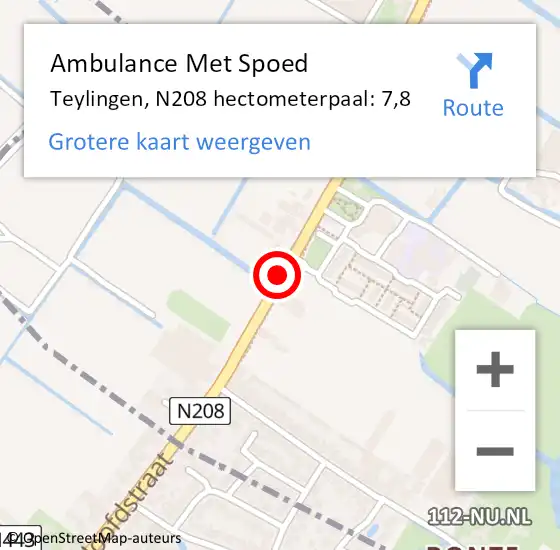 Locatie op kaart van de 112 melding: Ambulance Met Spoed Naar Teylingen, N208 hectometerpaal: 7,8 op 10 augustus 2024 22:29