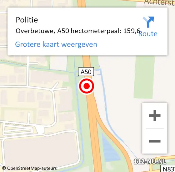 Locatie op kaart van de 112 melding: Politie Overbetuwe, A50 hectometerpaal: 159,6 op 10 augustus 2024 22:57