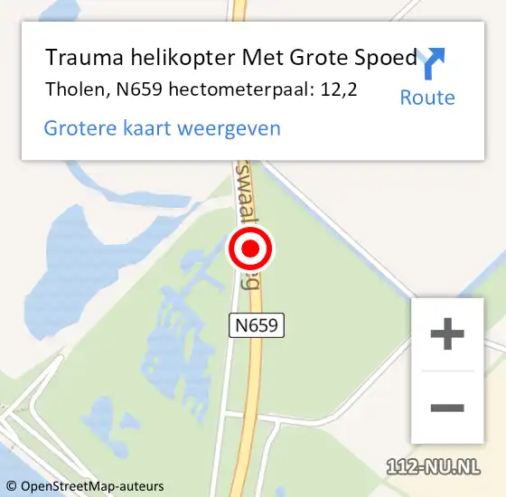 Locatie op kaart van de 112 melding: Trauma helikopter Met Grote Spoed Naar Tholen, N659 hectometerpaal: 12,2 op 11 augustus 2024 00:09