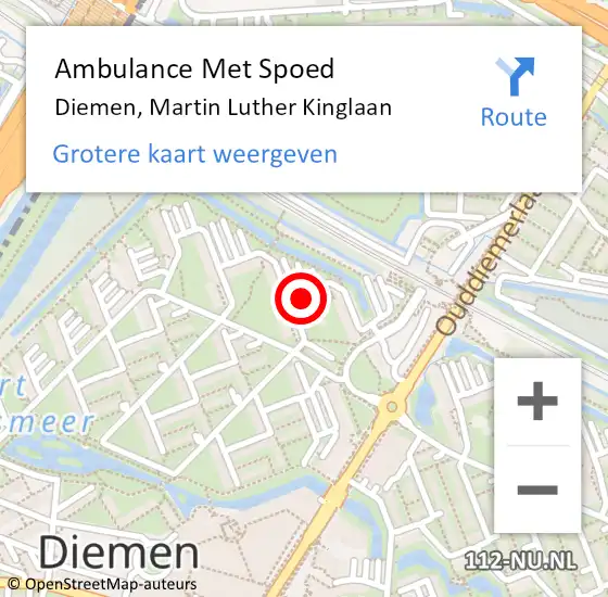 Locatie op kaart van de 112 melding: Ambulance Met Spoed Naar Diemen, Martin Luther Kinglaan op 11 augustus 2024 10:27