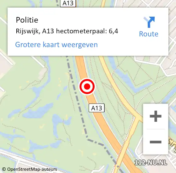 Locatie op kaart van de 112 melding: Politie Rijswijk, A13 hectometerpaal: 6,4 op 11 augustus 2024 11:12