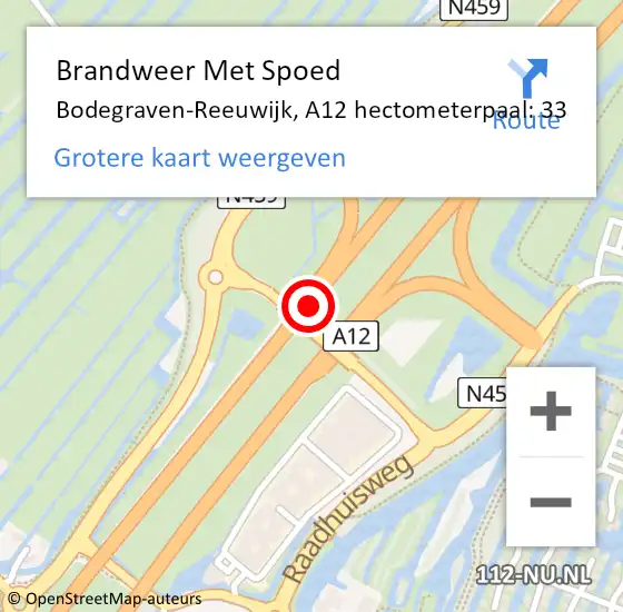 Locatie op kaart van de 112 melding: Brandweer Met Spoed Naar Bodegraven-Reeuwijk, A12 hectometerpaal: 33 op 11 augustus 2024 11:59