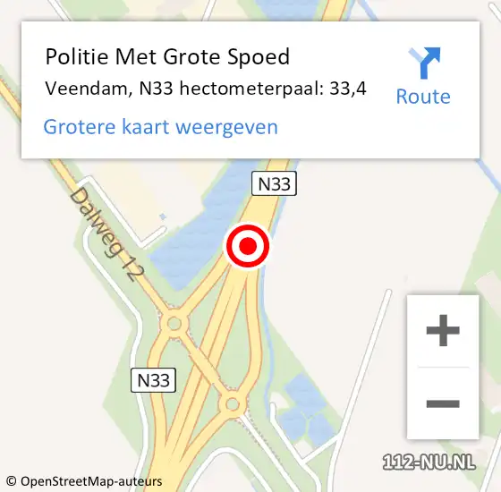 Locatie op kaart van de 112 melding: Politie Met Grote Spoed Naar Veendam, N33 hectometerpaal: 33,4 op 11 augustus 2024 13:23