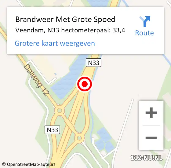 Locatie op kaart van de 112 melding: Brandweer Met Grote Spoed Naar Veendam, N33 hectometerpaal: 33,4 op 11 augustus 2024 13:24