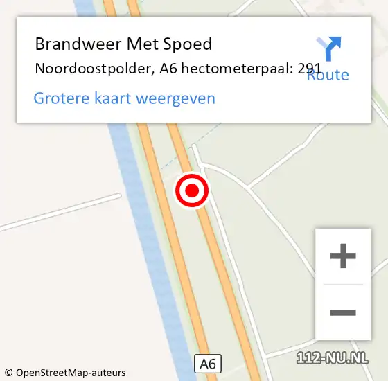 Locatie op kaart van de 112 melding: Brandweer Met Spoed Naar Noordoostpolder, A6 hectometerpaal: 291 op 11 augustus 2024 13:28