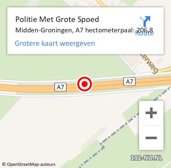 Locatie op kaart van de 112 melding: Politie Met Grote Spoed Naar Midden-Groningen, A7 hectometerpaal: 206,8 op 11 augustus 2024 13:34