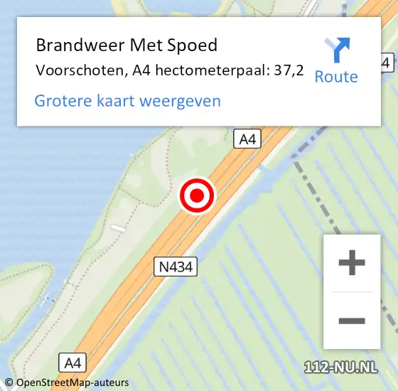 Locatie op kaart van de 112 melding: Brandweer Met Spoed Naar Voorschoten, A4 hectometerpaal: 37,2 op 11 augustus 2024 13:34