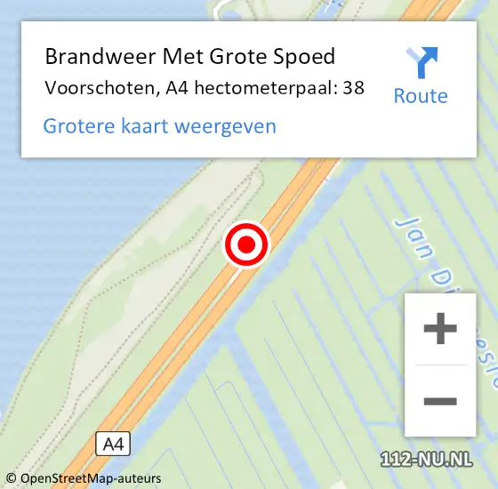 Locatie op kaart van de 112 melding: Brandweer Met Grote Spoed Naar Voorschoten, A4 hectometerpaal: 38 op 11 augustus 2024 13:36