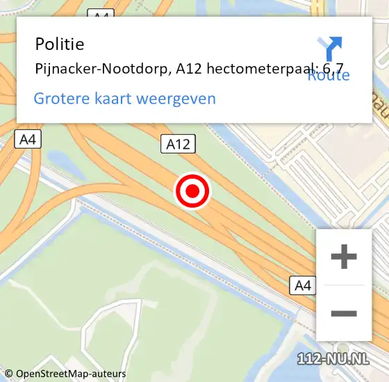 Locatie op kaart van de 112 melding: Politie Pijnacker-Nootdorp, A12 hectometerpaal: 6,7 op 11 augustus 2024 14:06