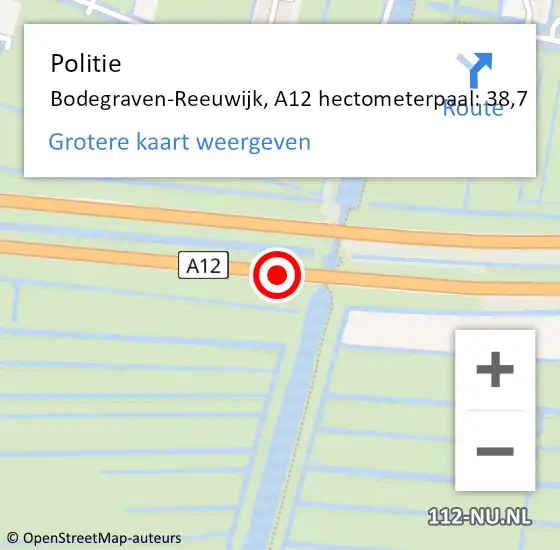 Locatie op kaart van de 112 melding: Politie Bodegraven-Reeuwijk, A12 hectometerpaal: 38,7 op 11 augustus 2024 15:45