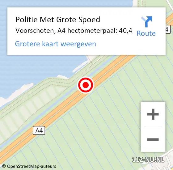 Locatie op kaart van de 112 melding: Politie Met Grote Spoed Naar Voorschoten, A4 hectometerpaal: 40,4 op 11 augustus 2024 16:19