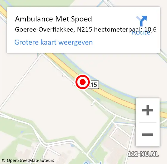 Locatie op kaart van de 112 melding: Ambulance Met Spoed Naar Goeree-Overflakkee, N215 hectometerpaal: 10,6 op 11 augustus 2024 17:32