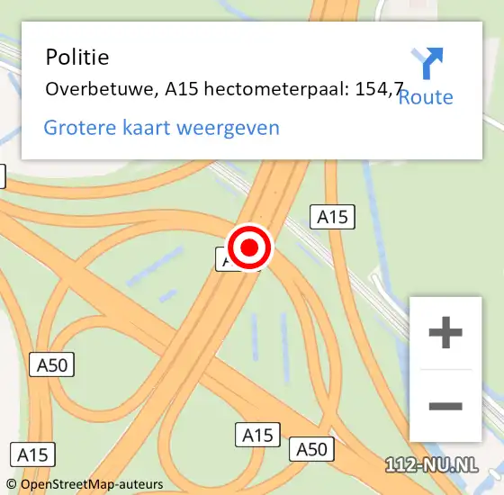 Locatie op kaart van de 112 melding: Politie Overbetuwe, A15 hectometerpaal: 154,7 op 11 augustus 2024 17:41