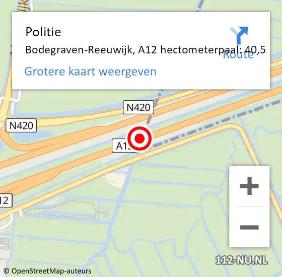 Locatie op kaart van de 112 melding: Politie Bodegraven-Reeuwijk, A12 hectometerpaal: 40,5 op 11 augustus 2024 18:34